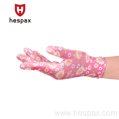 Hespax Flower Printed 13G PU Coated Gardening Gloves